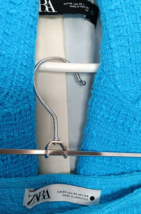 Zara 100% Bawełna niebieski tweedowy garnitur zestaw marynarka + spódn