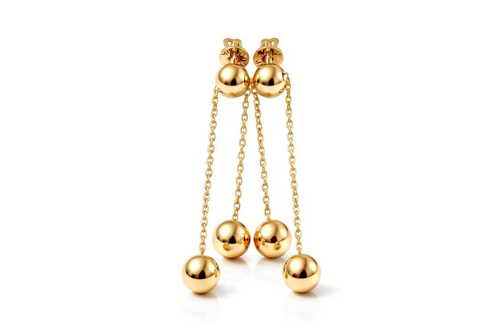Серьги из жёлтого золота с шариками и подвижной цепочкой