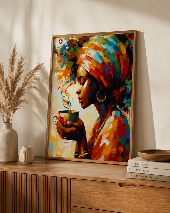 Plakat na Płótnie 50x70 Kobieta z Kawą Nowoczesny Art Premium Bez Ramy