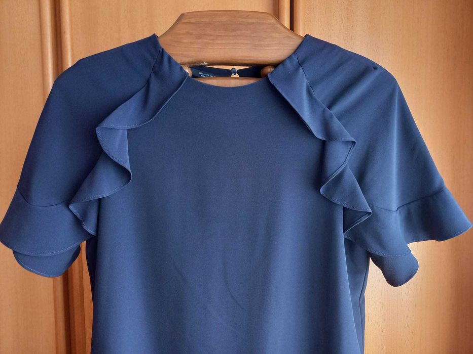 (NOVO, PORTES GRÁTIS) ZARA: Vestido Azul-Marinho Com Folhos