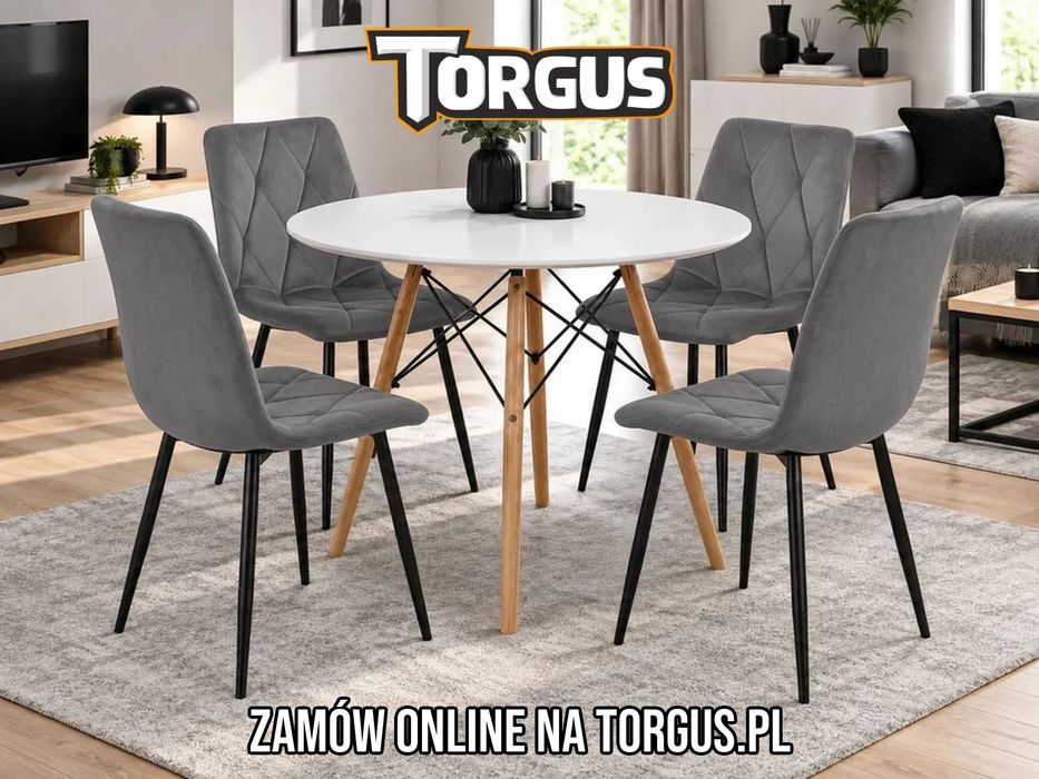 NOWY Stół Okrągły Biały 80 cm z Krzesłami Tapicerowanymi Welurowe Pikowane Szare Czarne Do Kuchni Jadalni Salonu Zestaw Skandynawski Komplet FV