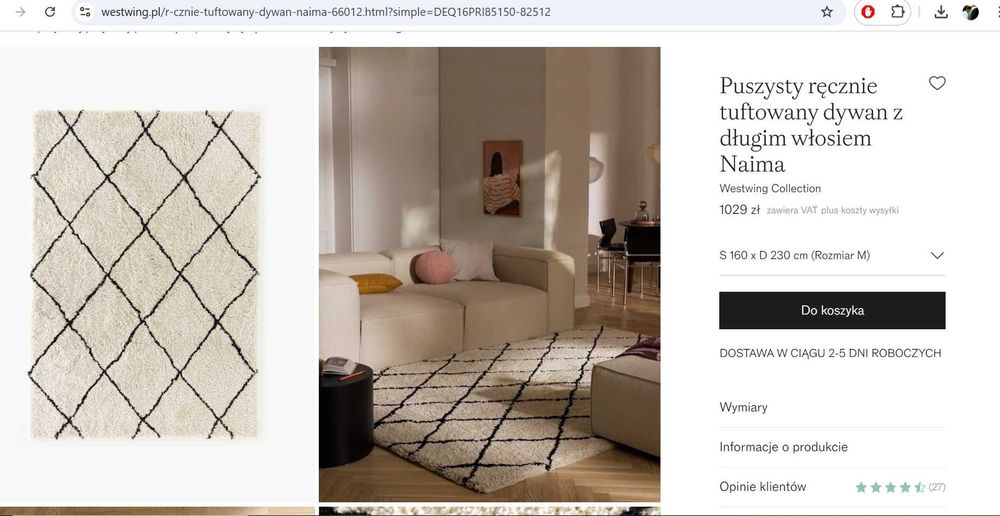 Dywan Westwing Naima 160x230 puszysty ręcznie tuflowany Duży długie wł