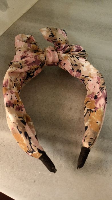 обруч (пов'язка) для волосся з бантом, рожевий з квітковим принтом