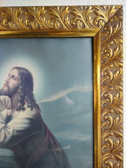 Jezus w Ogrójcu stary wielki oleodruk w pieknej zlotej ramie
