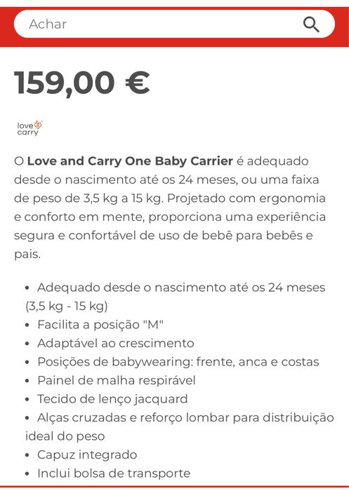 Porta-bebé Love&Carry em estado como novo