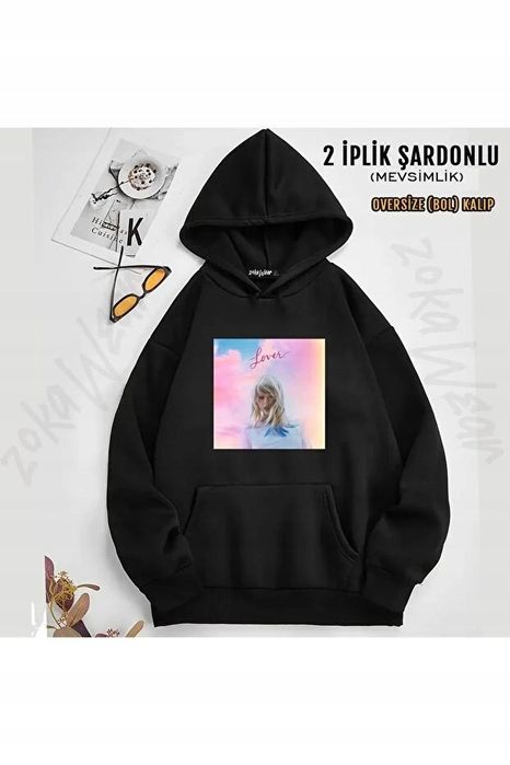 Czarna bluza z kapturem z nadrukiem i kangurką oversize s/m 5ia