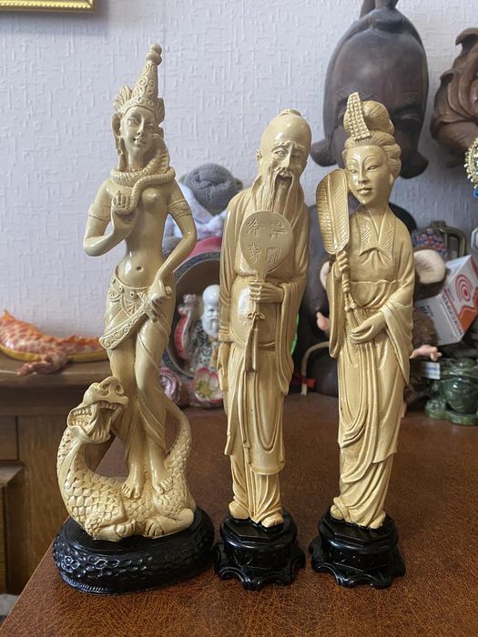 Восточная статуэтка, японская фигура, гейша, дракон, коллекция, кость