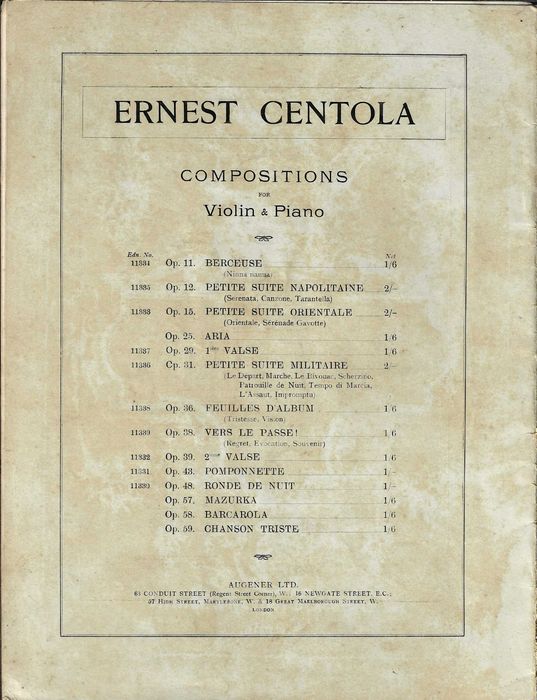 SVENDSEN - Romance op.26 para Violino e Piano - Partitura Histórica - Edição Augener's - Carimbo Sassetti