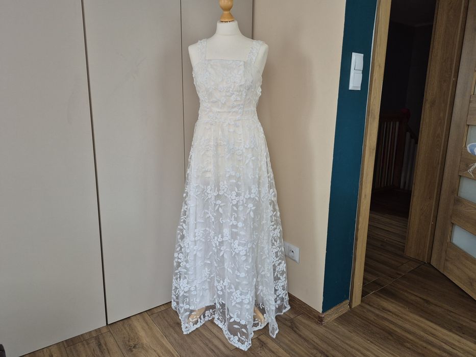 Biała suknia z motywem kwiatowym sukienka wizytowa ślubna