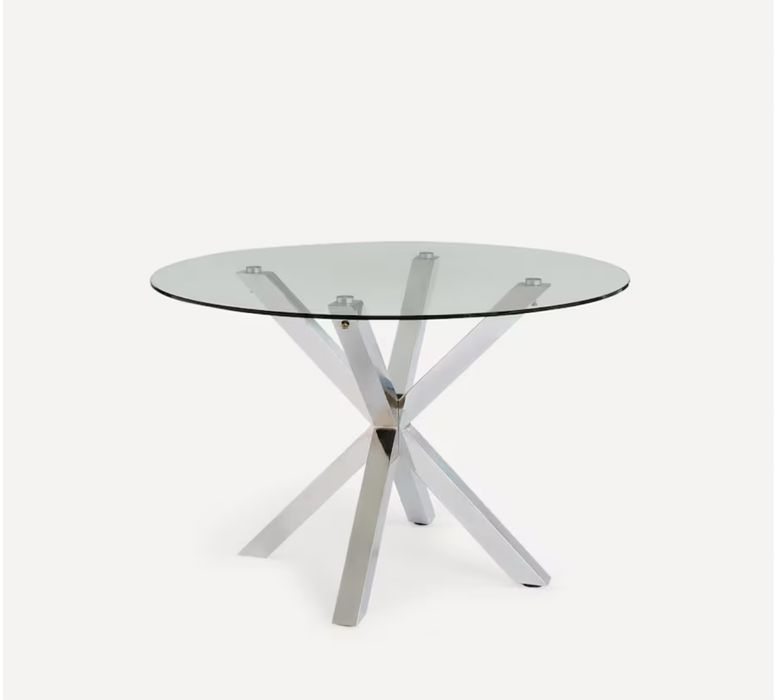 Mesa redonda de vidro impecável, com pés cromados