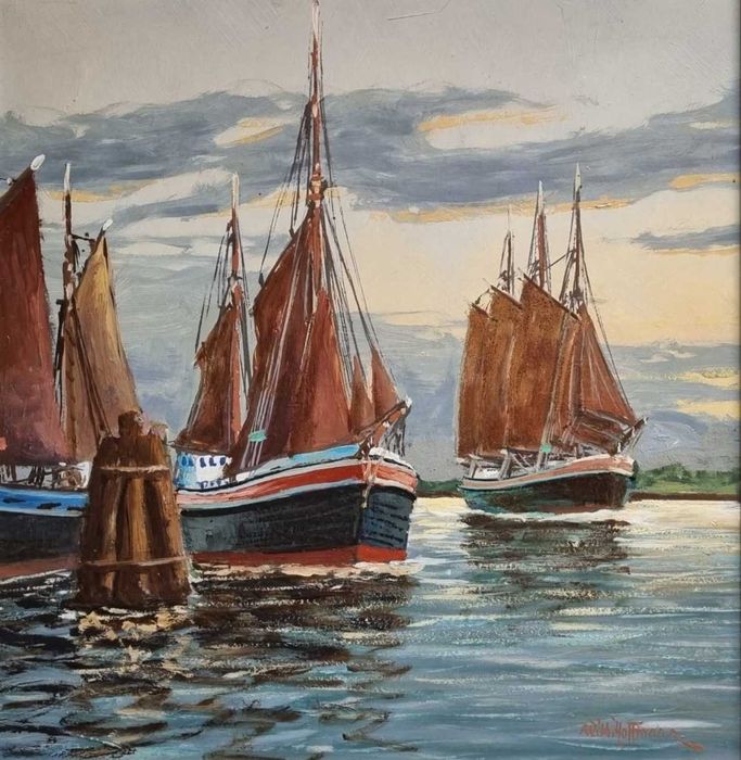 Łodzie w porcie, miniatura, Wilhelm Hoffmann ur. 1897 - zm. 1986