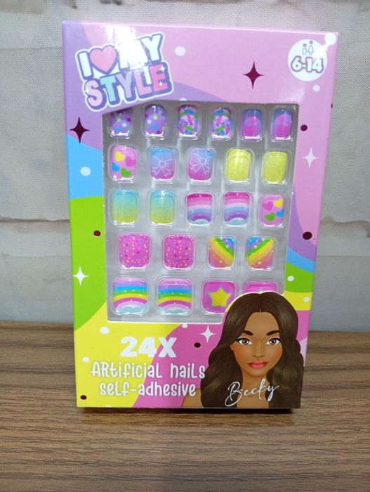 Sztuczne paznokcie tipsy tęczowe dla dziewczynki samoprzylepne 24 szt