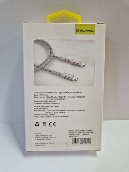 Blavec Kabel Raptor pleciony - Typ C na Typ C - PD 100W 5A 1 metr