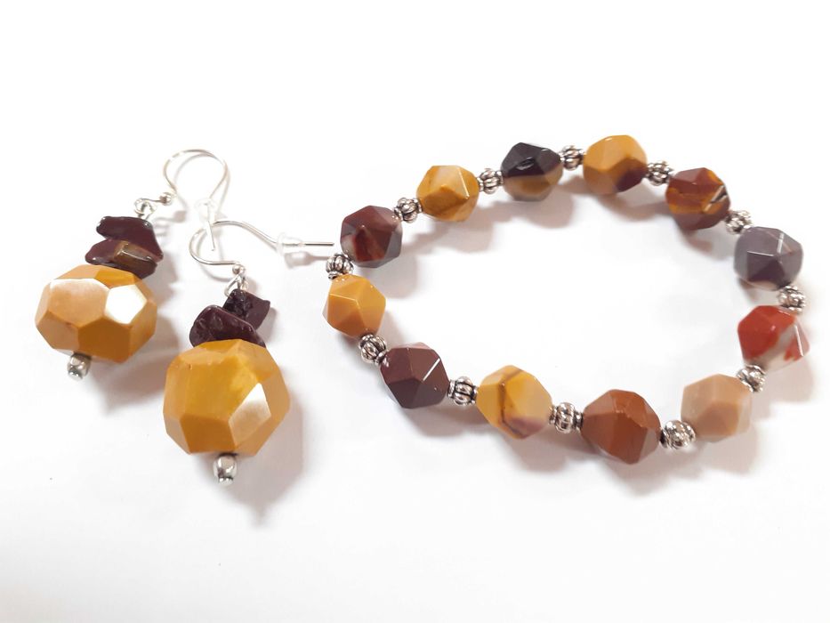 Komplet biżuterii z kamienia mokaitu - naszyjnik bransoletka kolczyki