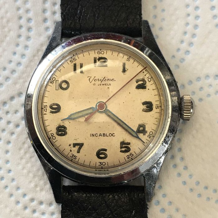 Męski zegarek vintage VERIFINE Adolf Gordon Watch Co 17j Incabloc styl militarny Swiss Made sprawny bez serwisu