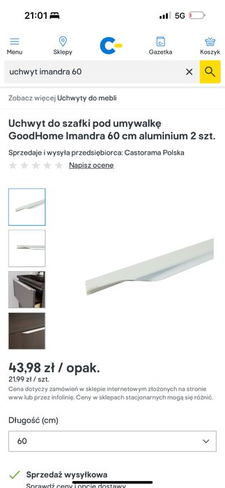 Goodhome dwa uchwyty do szafki 60 cm