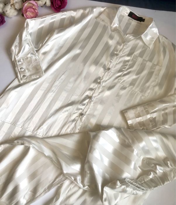 Піжама Біла. Полоска. Сорочка/Штани. Сатинова. Oversize. S розмір