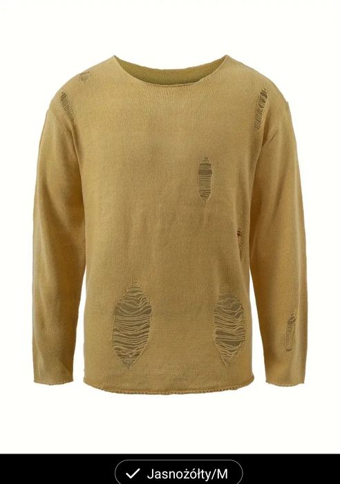 Swetr męski z dzianiny z okrągłym dekoltem i rozdarciami