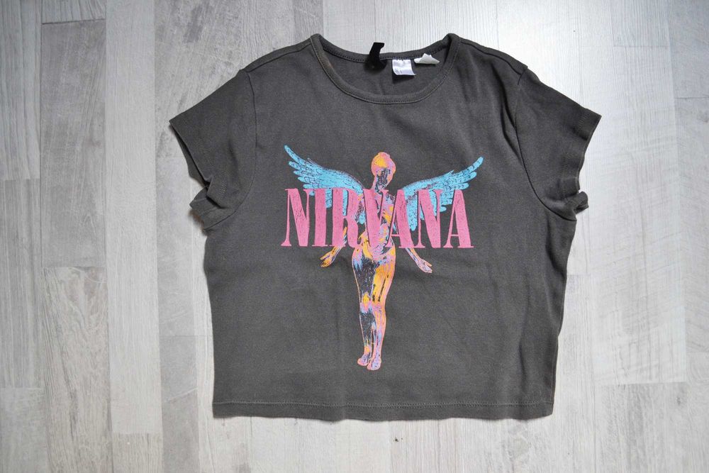 Bluzka h&m Nirvana S szara koszulka grunge crop top