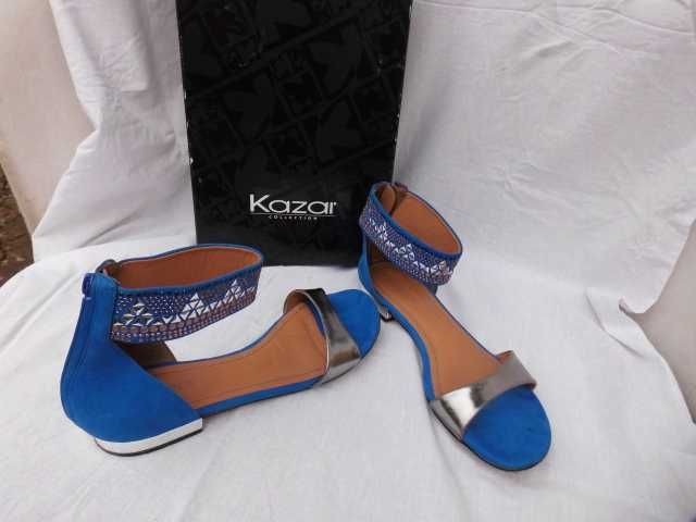 Kazar skórzane zamszowe niebieskie chabrowe sandały 36 srebrne