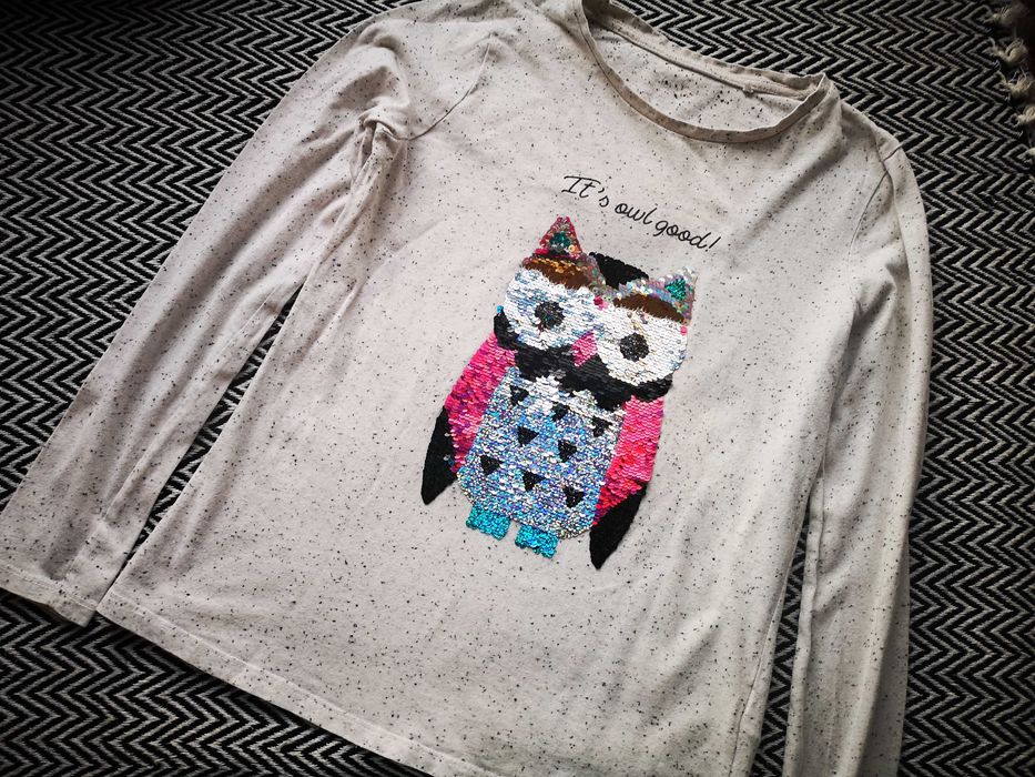 C&A szara bluzka z długim rękawem cekiny sowa r.158/164 cm 13-14 lat