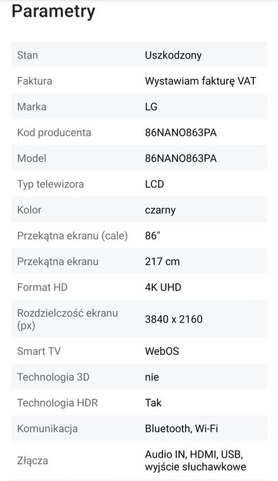 LG 86NANO863PA NanoCell TV 4K telewizor 86 cali MOŻLIWOŚĆ WYSYŁKI