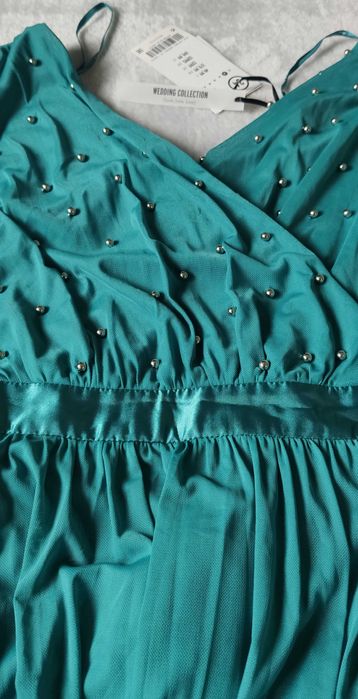 ORSAY Sukienka MAXI z perełkami r.32 Z METKĄ siateczka, dekolt koperta