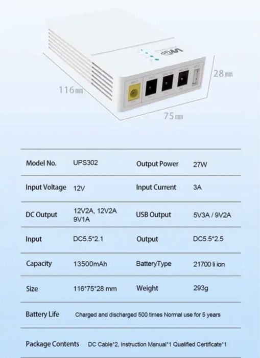 ДБЖ безперебійник для роутера WGP Mini DC UPS Optima 302 УПС