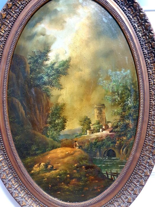 paisagem romântica - pintura em óleo com moldura dourada