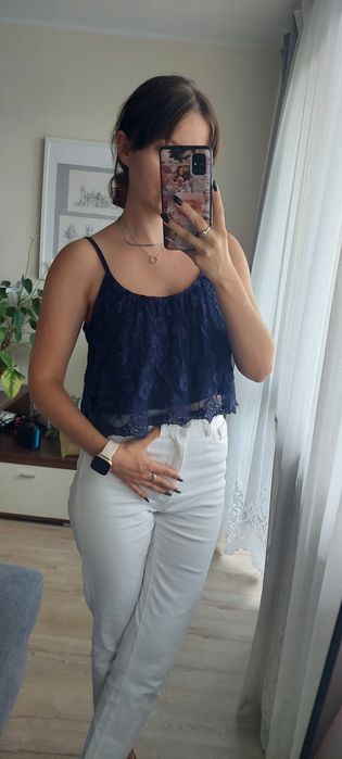 Granatowy croptop top koronka róże hafty New Yorker XS 34