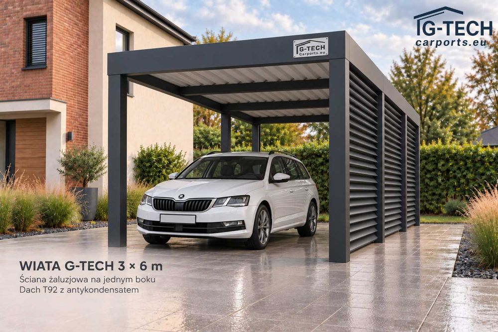 Nowoczesny carport 3x6 | wiata samochodowa garażowa | zabudowa żaluzje stalowe | polska produkcja | G-Tech