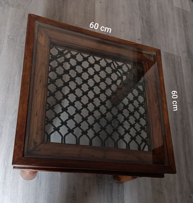 Mesa de apoio rústica , em madeira exótica maciça e ferro forjado