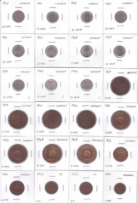 44 moedas Suécia de diversas datas e metais incluindo 20 em prata