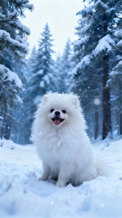 Śliczny biały piesek Pomeranian Szpic Miniaturowy