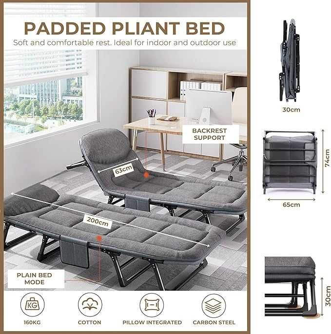 Łóżko polowe leżanka łóżko kempingowe szare z poduszką