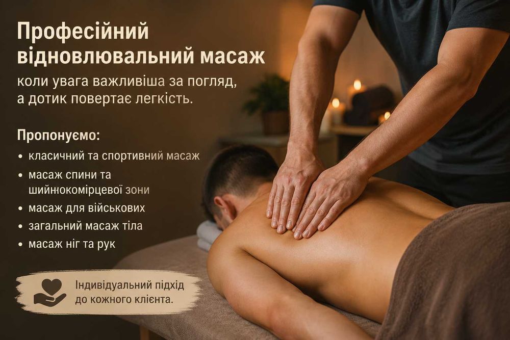 Професійний відновлювальний масаж. Класичний та спортисний масаж, масаж спини та шийнокомірцевої зони.