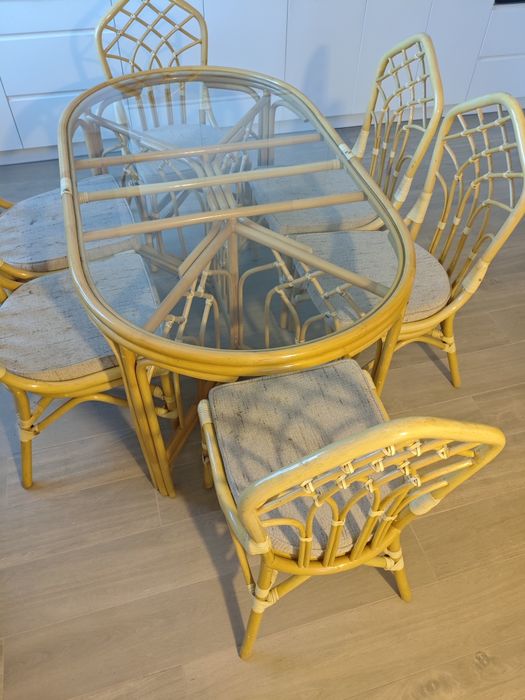 Stół szklany rattanowy + 6 krzeseł