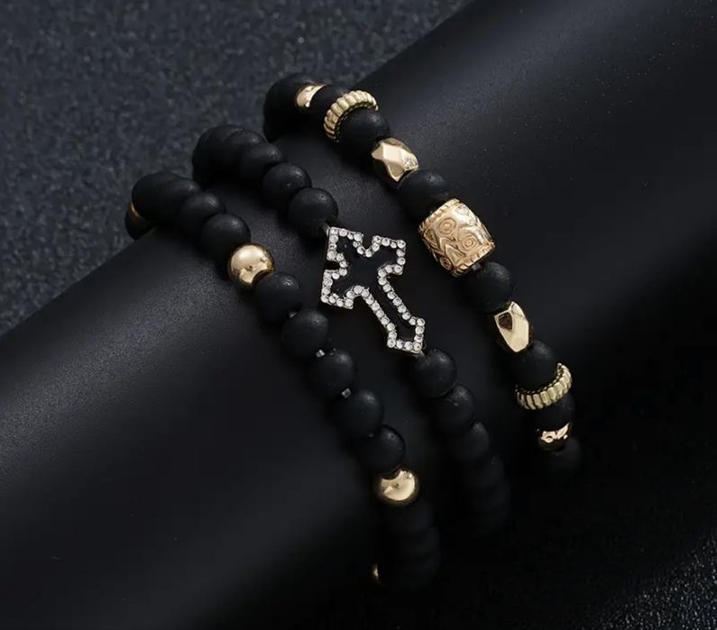 Комплект  браслетов черный с крестиком,с крестом,браслет