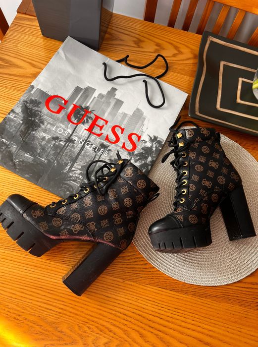 Oryginalne buty botki guess 38 sznurowane obcas słupek brązowe czarne