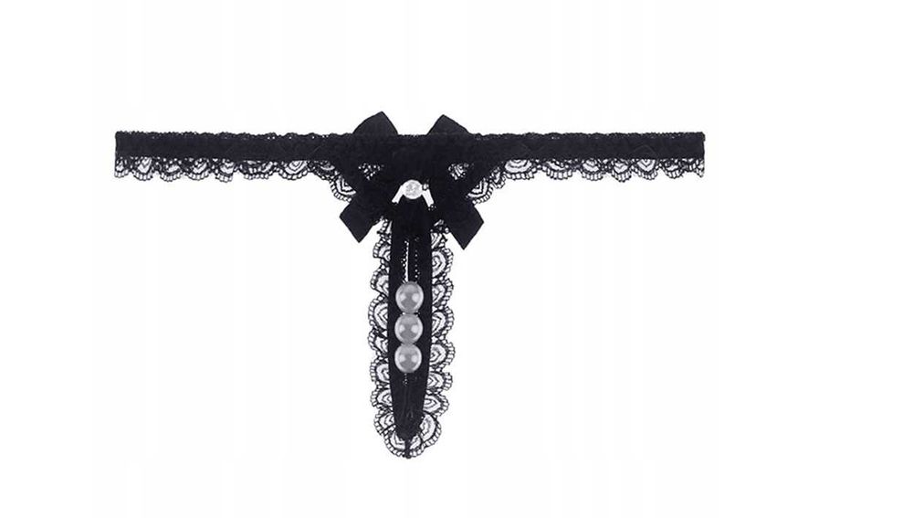 Stringi koronkowe z perełkami czarne majtki