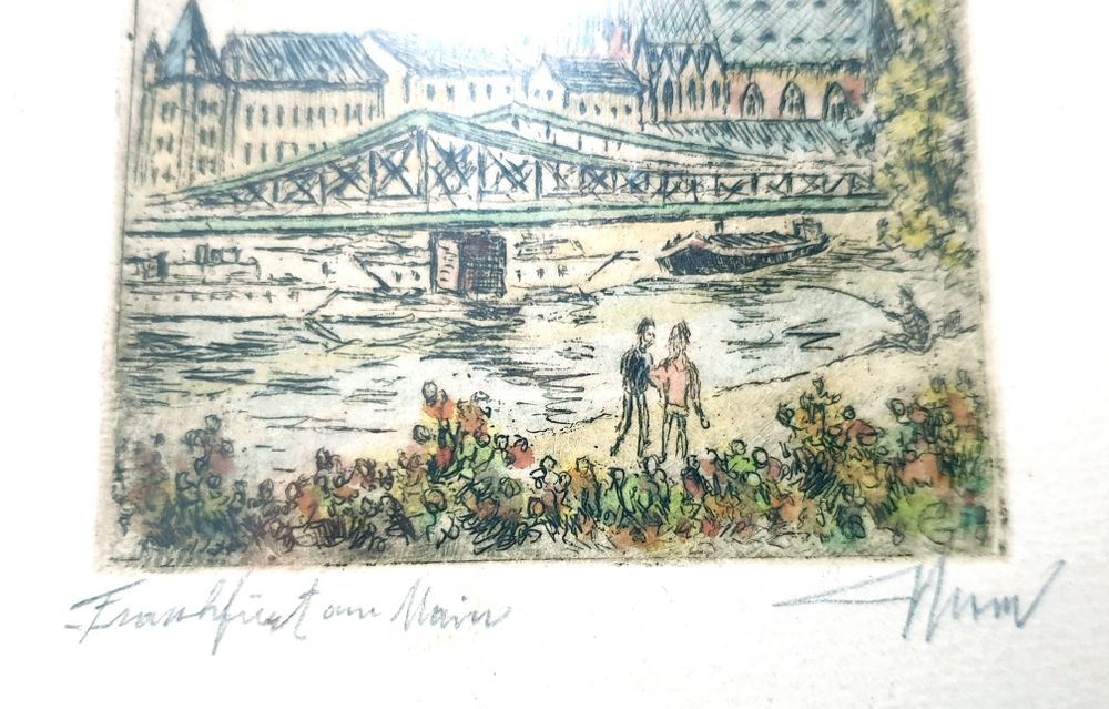 Fantástica antiga pequena gravura alemã assinada e colorida