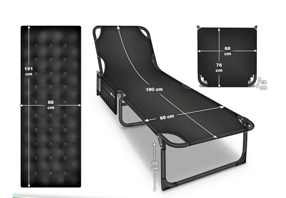 Składane łóżko kempingowe czarne z kieszenią boczną poduszką na szyje