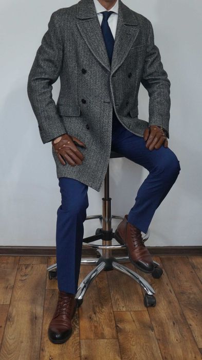 Płaszcz Dwurzędowy Massimo Dutti Wełna Rozmiar 46 175/92 Szary Jodełka