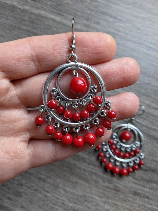 Українські етно червоні великі сережки під корал вишиванку handmade