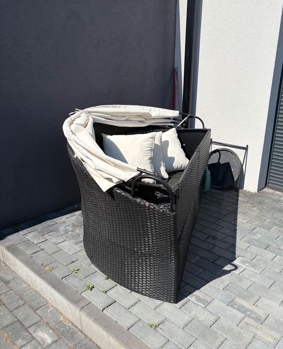 Leżanka ogrodowa modułowa rattanowa z baldachimem