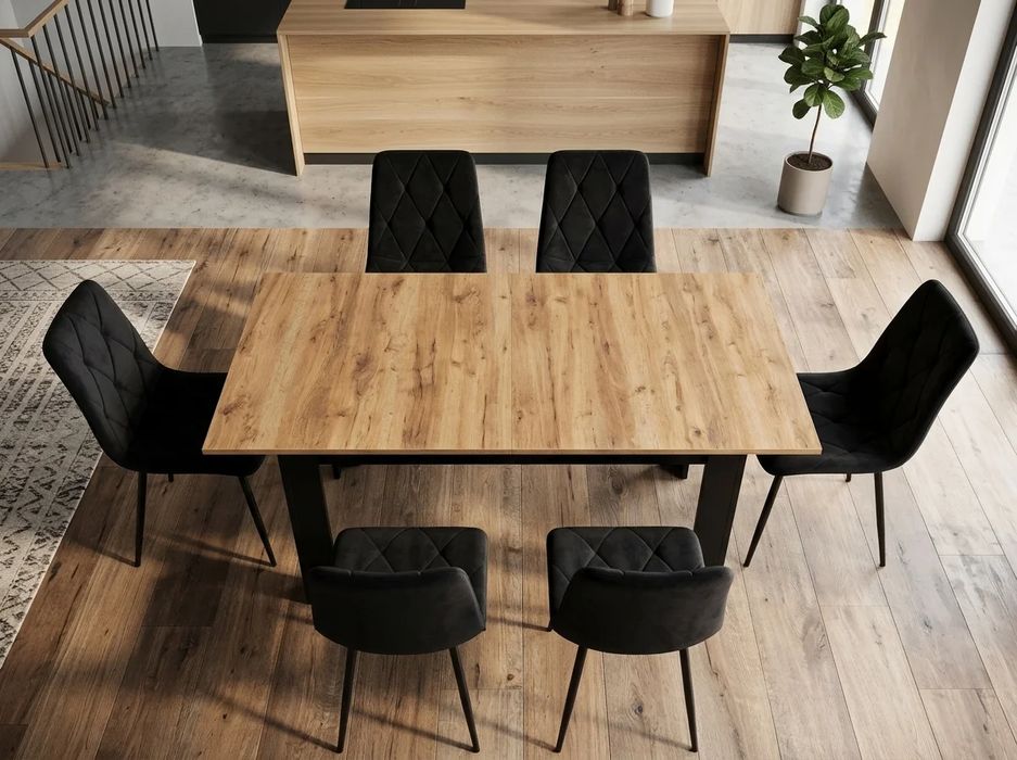 NOWY Stół Rozkładany 120/160x80 cm Duży z Krzesłami Do Kuchni Jadalni Salonu Stół Dąb Craft Czarny i Krzesła Kuchenny Meble do Domu Zestaw Komplet FV!