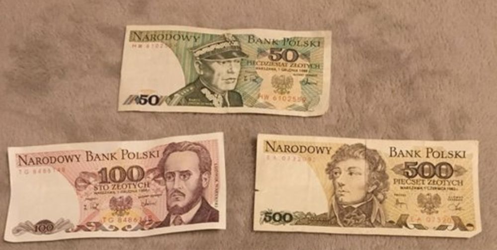 Banknoty z czasów PRL 50, 100, 500 zł