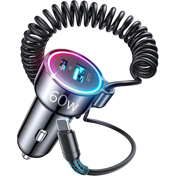 Joyroom szybka ładowarka samochodowa 3 w 1 z kablem USB Typ C 1,6m 60W