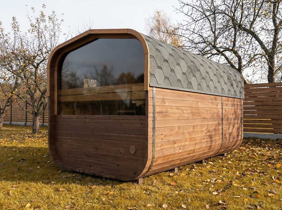 SAUNA Ogrodowa Beczka 350cm Gotowa + Balia do schłodzenia + LED + piec