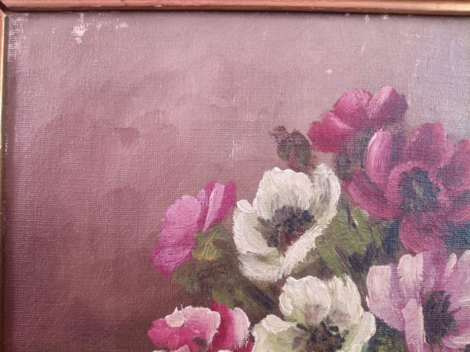 Stary obraz na płótnie sygnowany Kwiaty